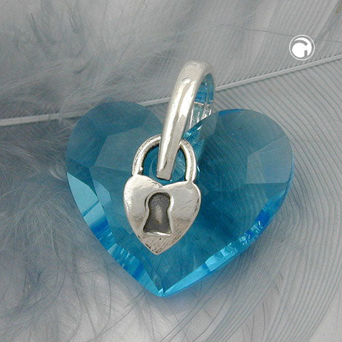 Hopeinen sydänkoru / hopeariipus sininen lasisydän & lukko