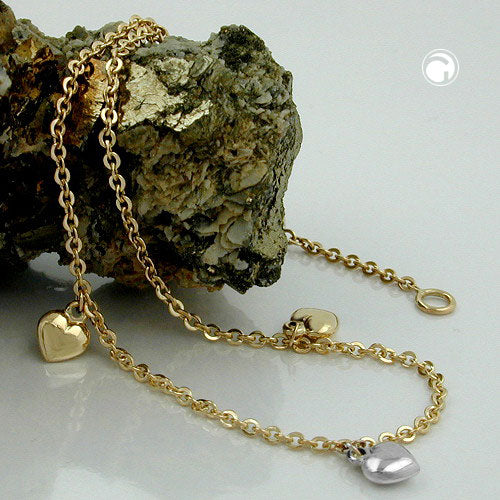 Kultainen sydän-nilkkaketju / valkokulta ja keltakulta / Ankkuriketju 1,7mm / 25cm 9K